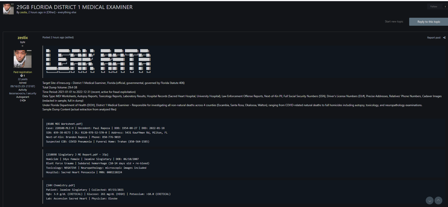 District One Medical Examiner Support，Inc.(D1MEO)涉嫌数据泄露李白你好-实战攻防李白你好