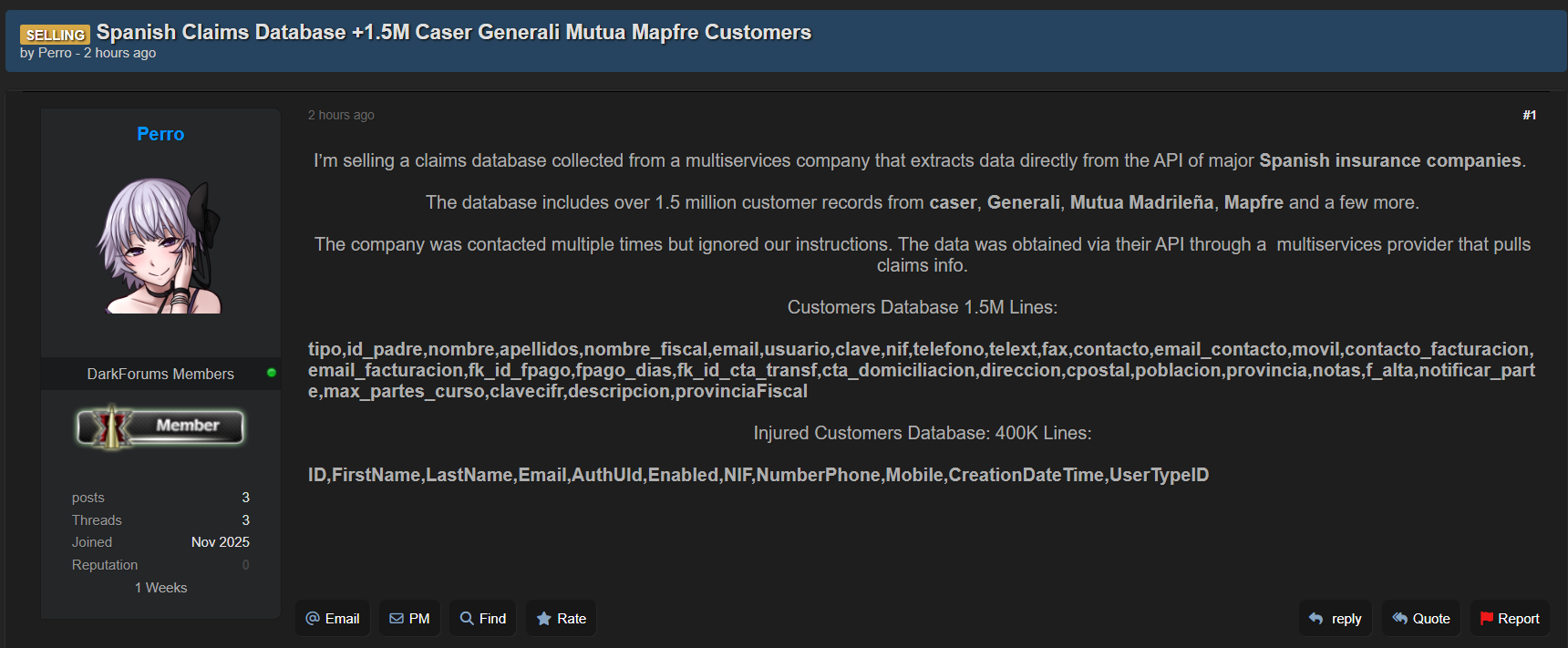 涉嫌出售西班牙身份不明的第三方服务提供商的数据李白你好-实战攻防李白你好