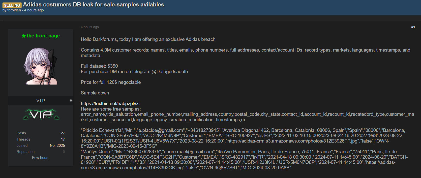 涉嫌出售阿迪达斯公司客户数据库李白你好-实战攻防李白你好