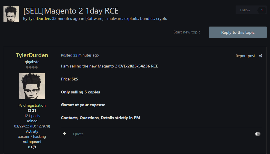 涉嫌销售Magento 2 RCE漏洞(CVE-2025-54236)李白你好-实战攻防李白你好